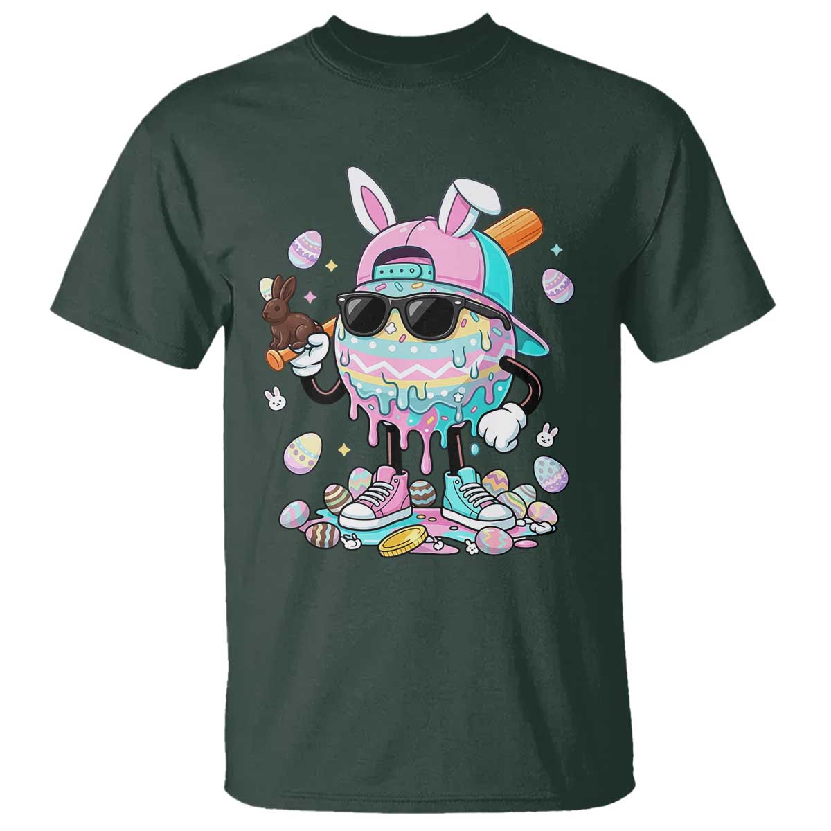 Funny Baseball Easter T Shirt Drip Ice Cream Bunny Easter TS14 Dark Forest Green Print Your Wear