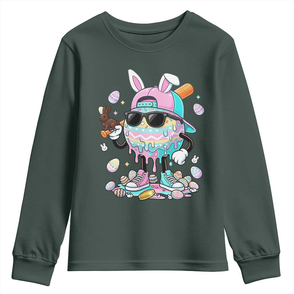 Funny Baseball Easter Youth Sweatshirt Drip Ice Cream Bunny Easter TS14 Dark Forest Green Print Your Wear
