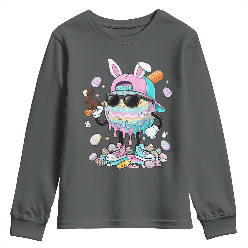 Funny Baseball Easter Youth Sweatshirt Drip Ice Cream Bunny Easter TS14 Dark Heather Print Your Wear