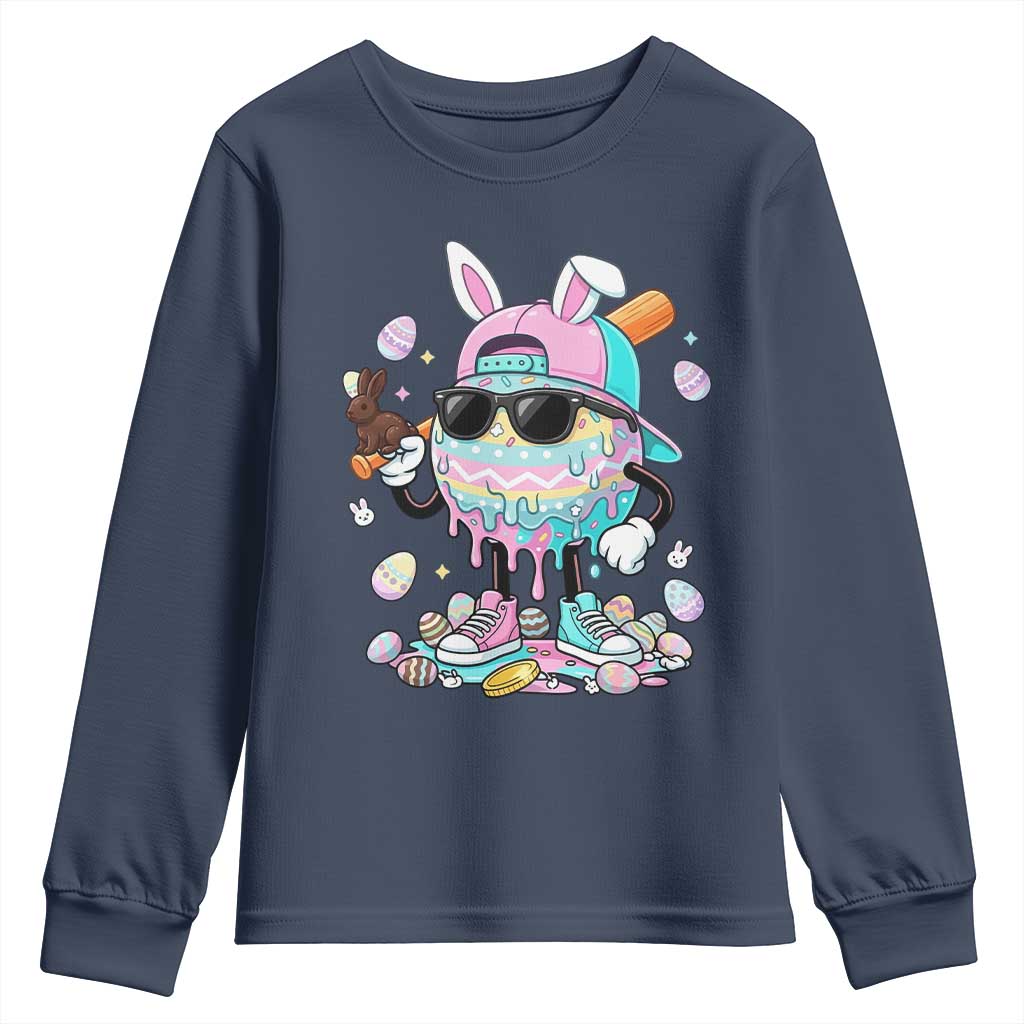 Funny Baseball Easter Youth Sweatshirt Drip Ice Cream Bunny Easter TS14 Navy Print Your Wear