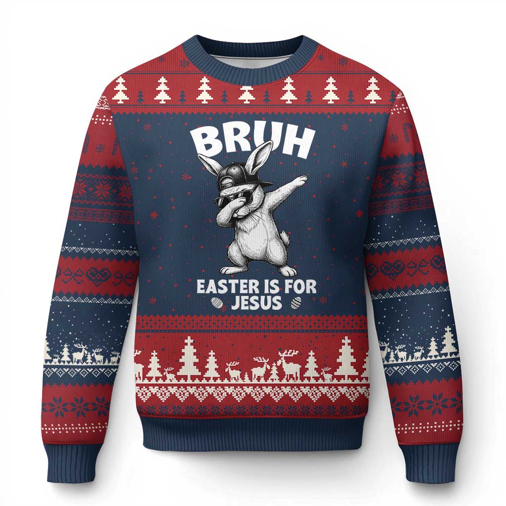 Christian Easter Bunny Ugly Christmas Sweater Bruh Easter Is For Jesus TS14 Navy Red Print Your Wear