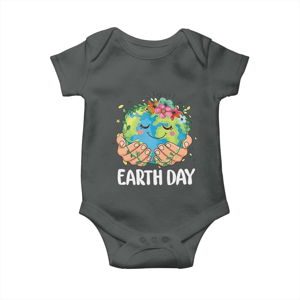 Cute Earth with Floral Earth Day Baby Onesie TS14 Dark Heather Print Your Wear