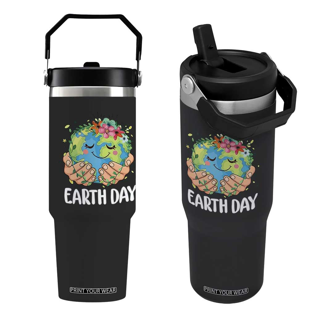 Cute Earth with Floral Earth Day Flip Straw Tumbler TS14 One Size: 30 oz Black Print Your Wear