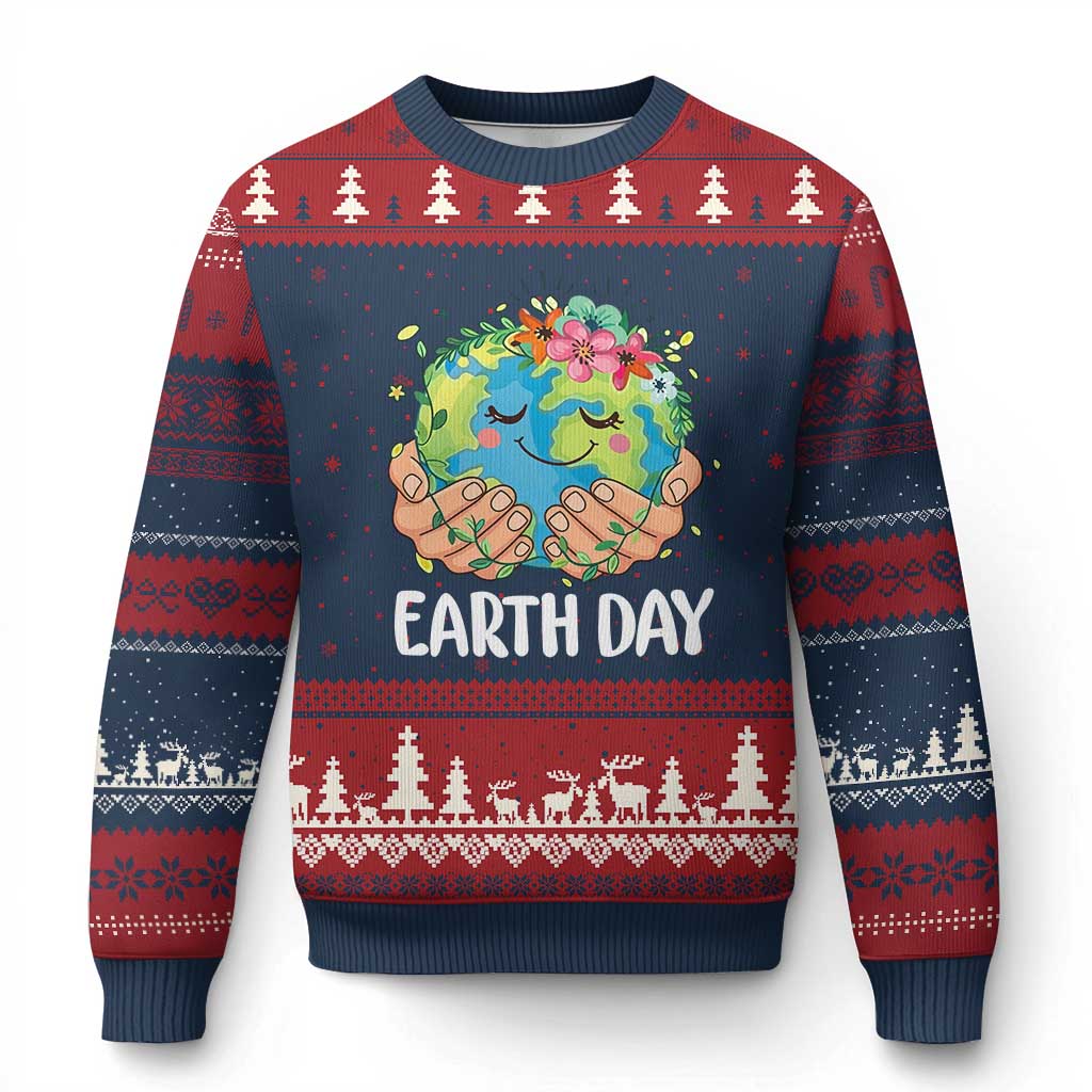 Cute Earth with Floral Earth Day Ugly Christmas Sweater TS14 Navy Red Print Your Wear