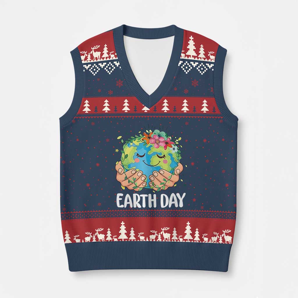 Cute Earth with Floral Earth Day V-Neck Knit Sweater Vest TS14 Navy Red Print Your Wear