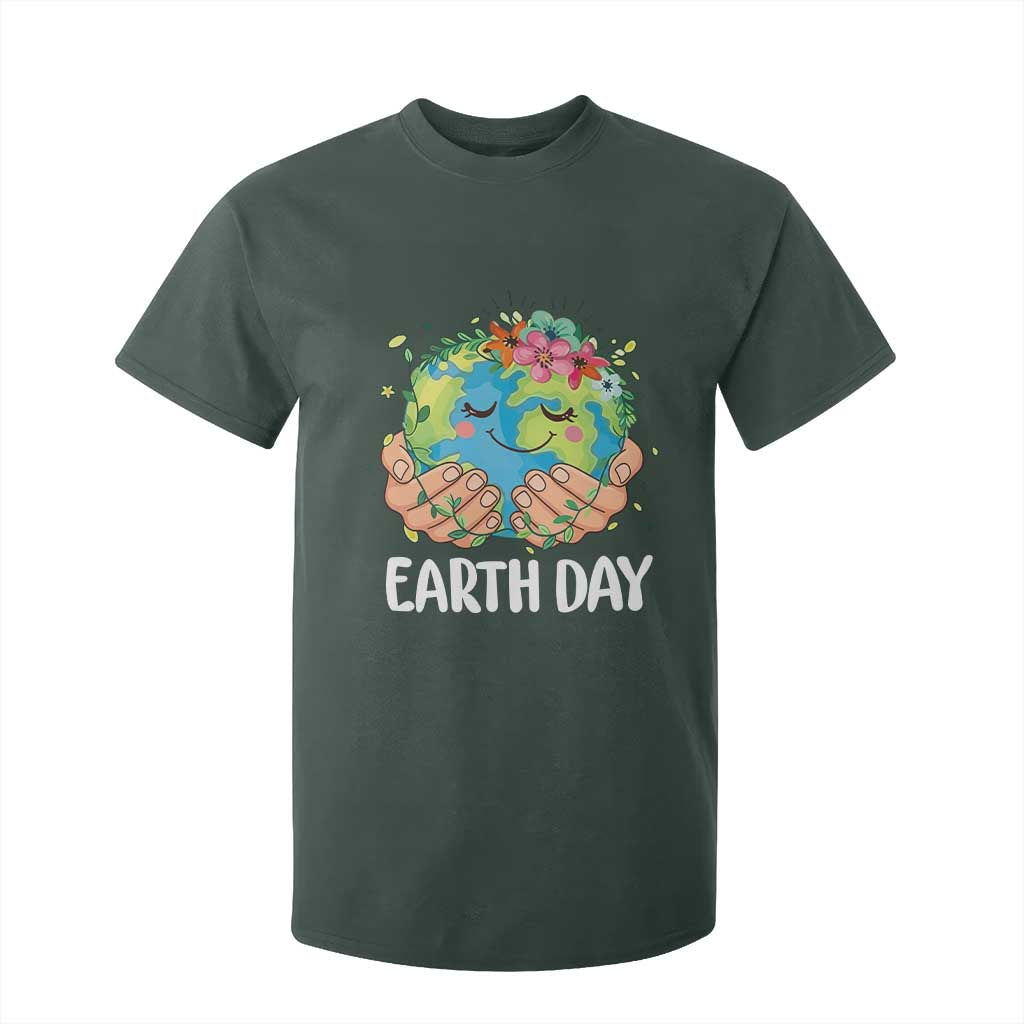 Cute Earth with Floral Earth Day T Shirt For Kid TS14 Dark Forest Green Print Your Wear