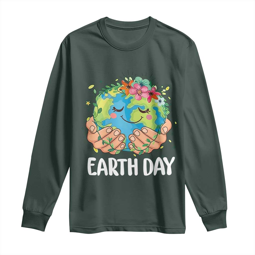 Cute Earth with Floral Earth Day Long Sleeve Shirt TS14 Dark Forest Green Print Your Wear