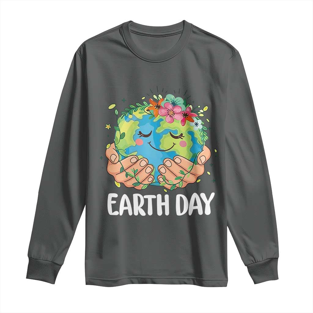 Cute Earth with Floral Earth Day Long Sleeve Shirt TS14 Dark Heather Print Your Wear