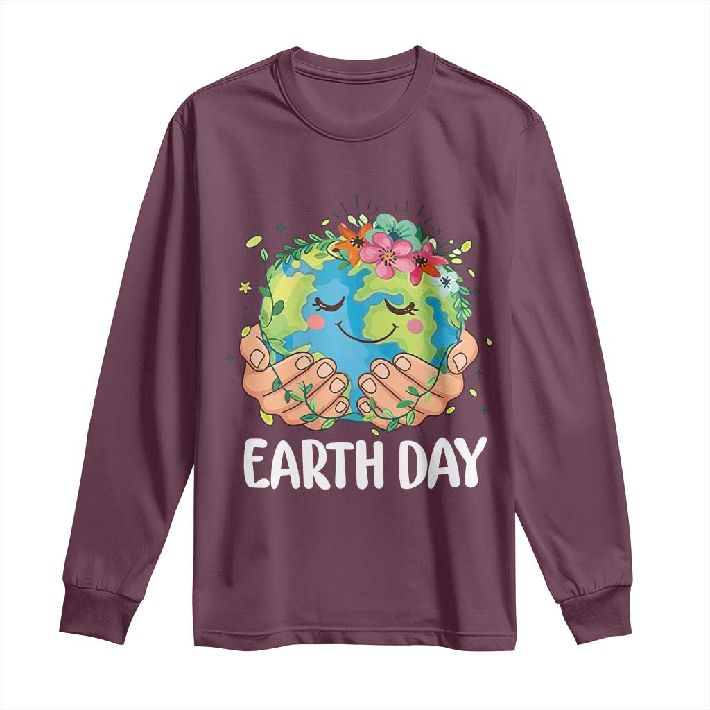 Cute Earth with Floral Earth Day Long Sleeve Shirt TS14 Maroon Print Your Wear