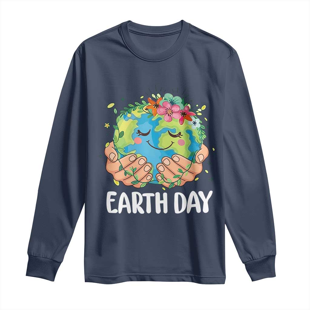 Cute Earth with Floral Earth Day Long Sleeve Shirt TS14 Navy Print Your Wear