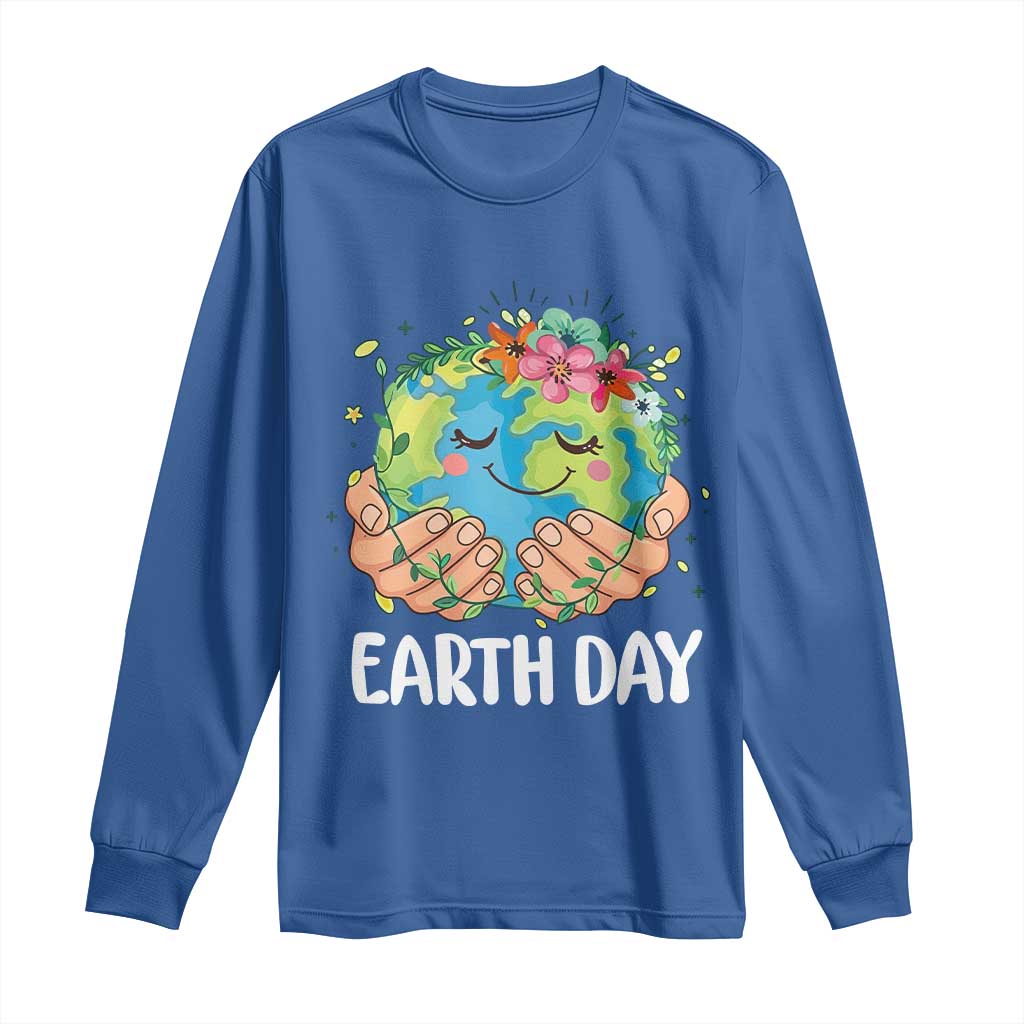 Cute Earth with Floral Earth Day Long Sleeve Shirt TS14 Royal Blue Print Your Wear