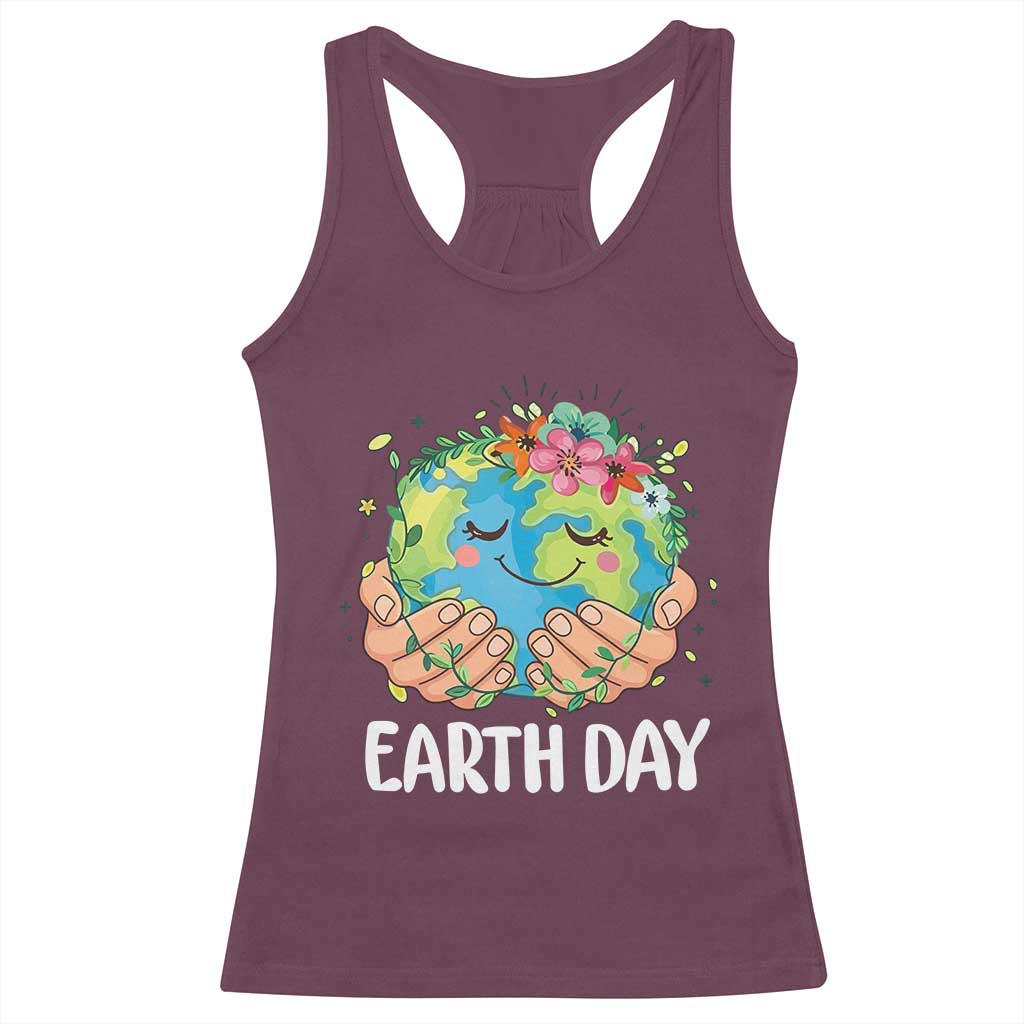 Cute Earth with Floral Earth Day Racerback Tank Top TS14 Maroon Print Your Wear