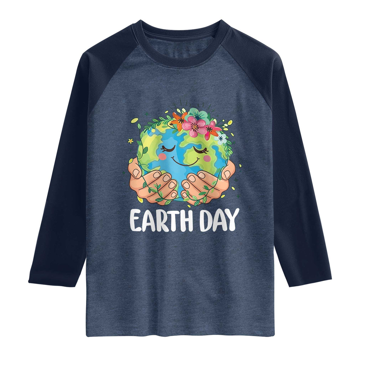 Cute Earth with Floral Earth Day Raglan Shirt TS14 Heather Denim Navy Print Your Wear