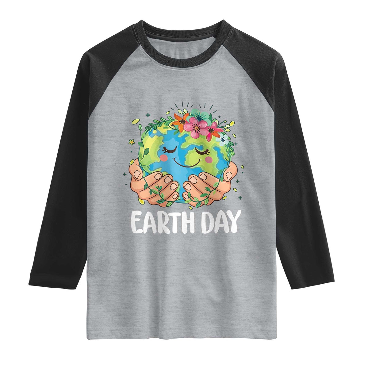 Cute Earth with Floral Earth Day Raglan Shirt TS14 Heather Gray Black Print Your Wear