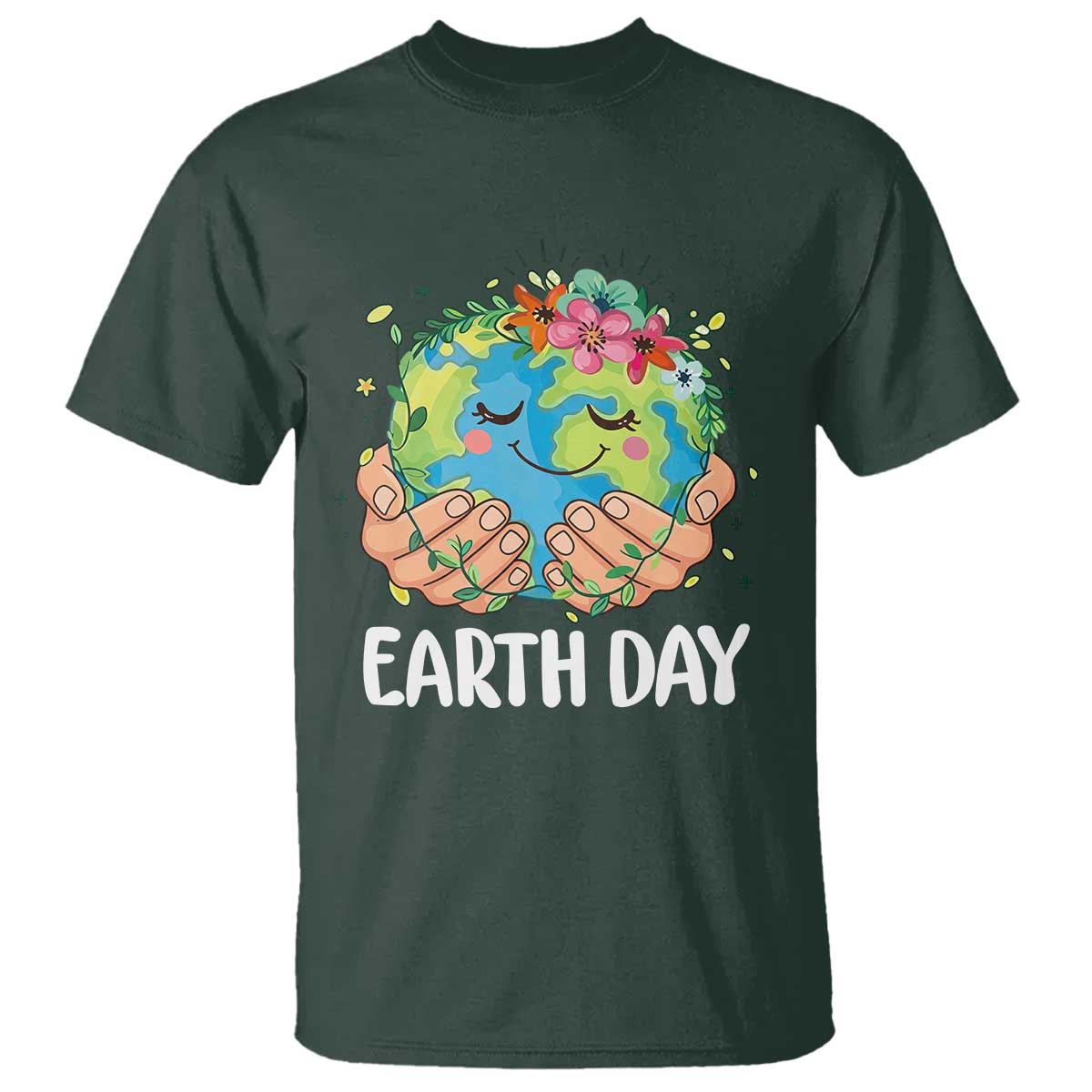 Cute Earth with Floral Earth Day T Shirt TS14 Dark Forest Green Print Your Wear