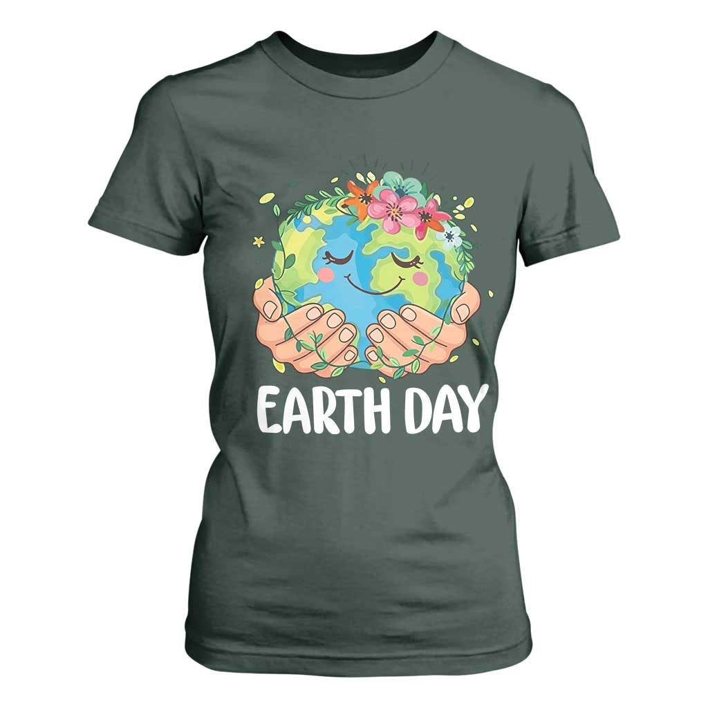 Cute Earth with Floral Earth Day T Shirt For Women TS14 Dark Forest Green Print Your Wear