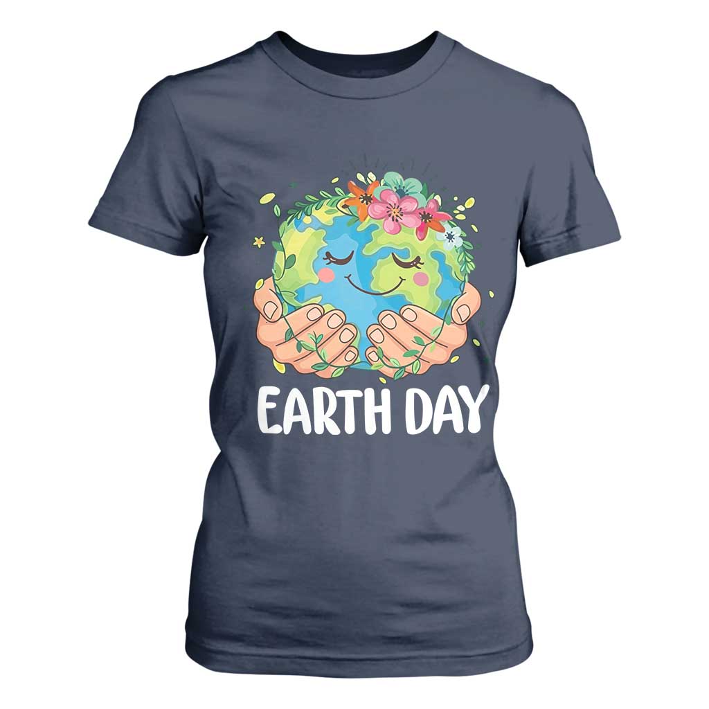 Cute Earth with Floral Earth Day T Shirt For Women TS14 Navy Print Your Wear