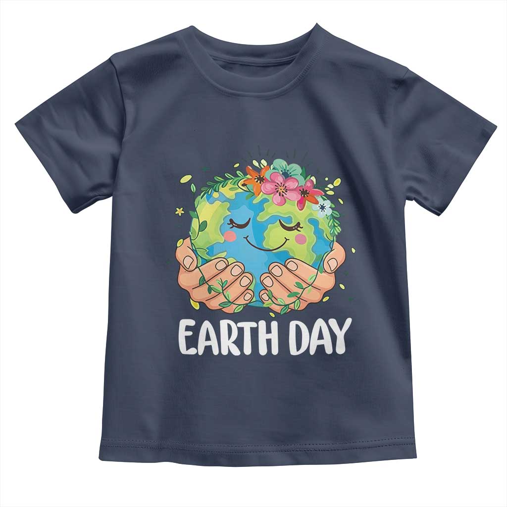 Cute Earth with Floral Earth Day Toddler T Shirt TS14 Navy Print Your Wear