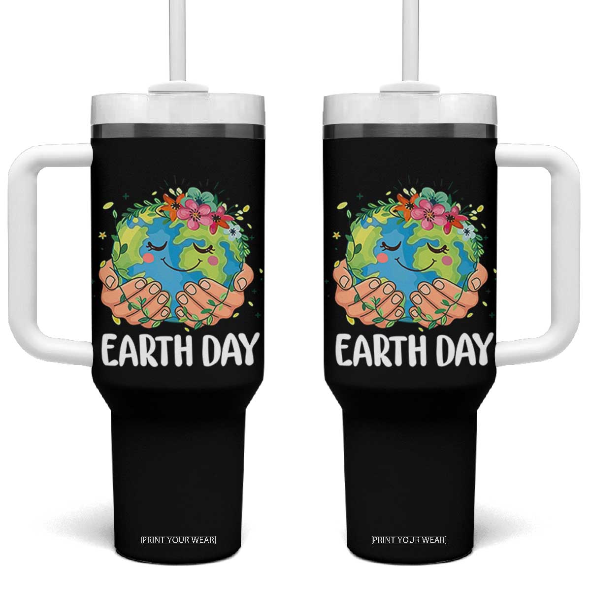 Cute Earth with Floral Earth Day Tumbler With Handle TS14 One Size: 40 oz Black Print Your Wear