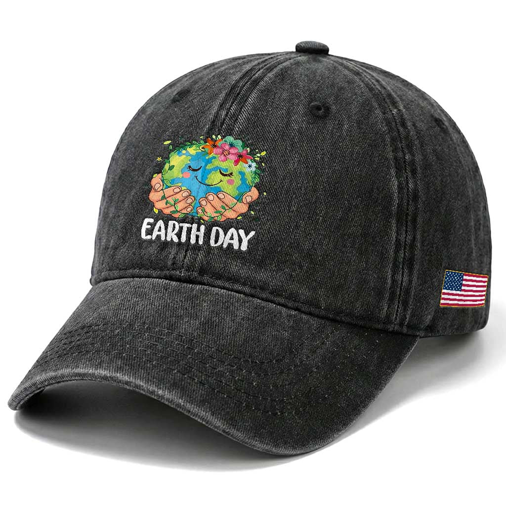 Cute Earth with Floral Earth Day Washed Cotton Baseball Cap TS14 Print Your Wear