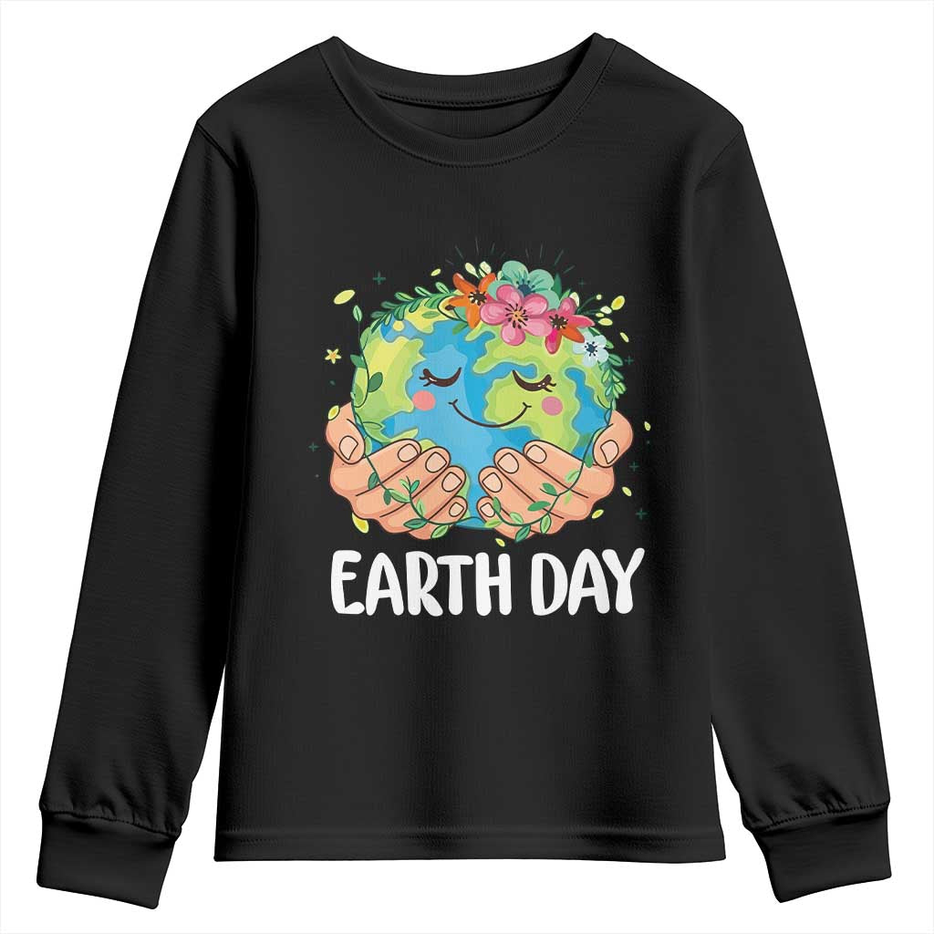 Cute Earth with Floral Earth Day Youth Sweatshirt TS14 Black Print Your Wear