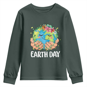 Cute Earth with Floral Earth Day Youth Sweatshirt TS14 Dark Forest Green Print Your Wear