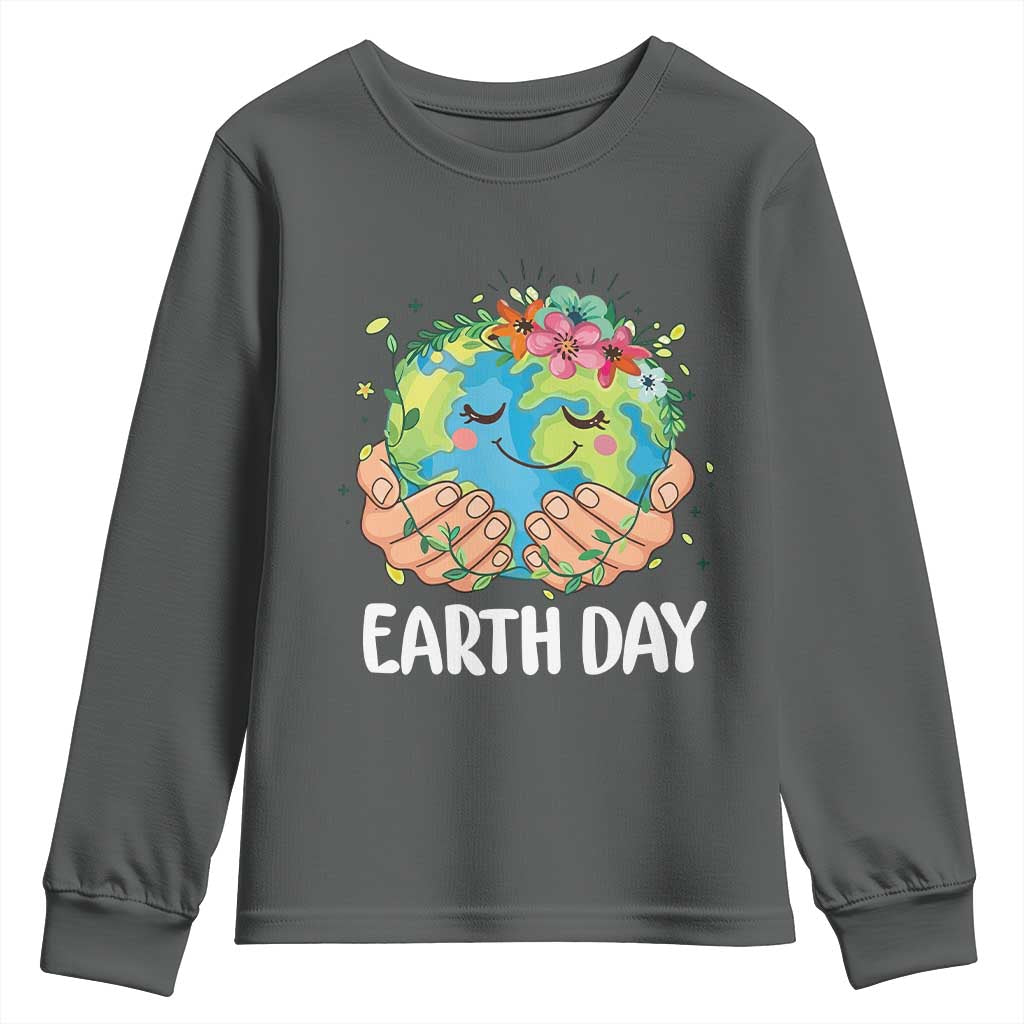 Cute Earth with Floral Earth Day Youth Sweatshirt TS14 Dark Heather Print Your Wear