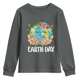 Cute Earth with Floral Earth Day Youth Sweatshirt TS14 Dark Heather Print Your Wear