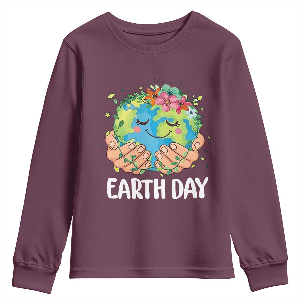 Cute Earth with Floral Earth Day Youth Sweatshirt TS14 Maroon Print Your Wear