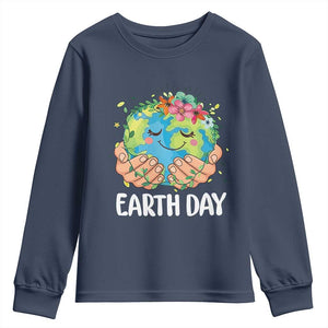 Cute Earth with Floral Earth Day Youth Sweatshirt TS14 Navy Print Your Wear