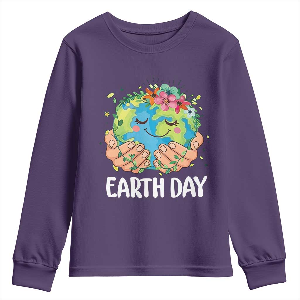 Cute Earth with Floral Earth Day Youth Sweatshirt TS14 Purple Print Your Wear