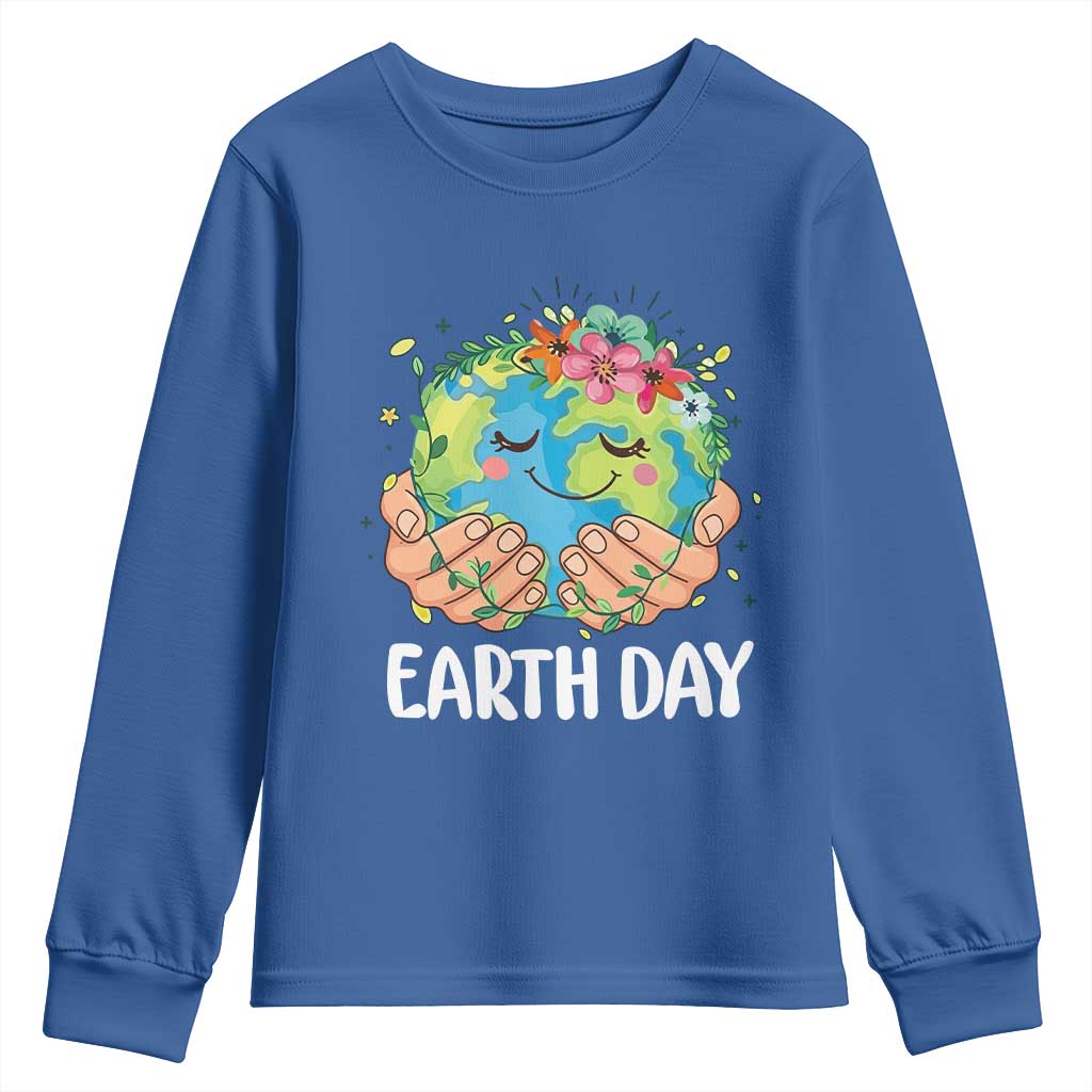 Cute Earth with Floral Earth Day Youth Sweatshirt TS14 Royal Blue Print Your Wear
