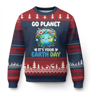 Go Planet It's Your Earth Day Ugly Christmas Sweater Funny Sarcastic Nature Lover TS14 Navy Red Print Your Wear