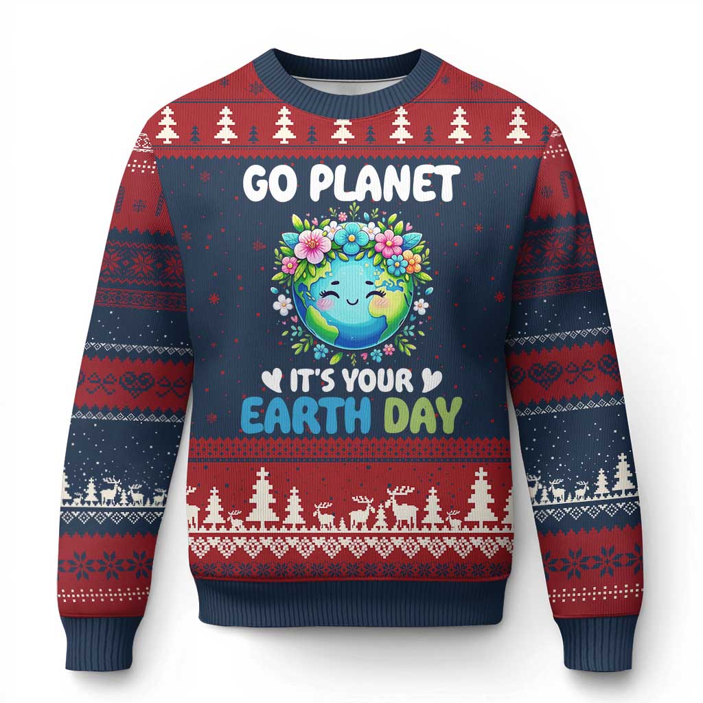 Go Planet It's Your Earth Day Ugly Christmas Sweater Funny Sarcastic Nature Lover TS14 Navy Red Print Your Wear