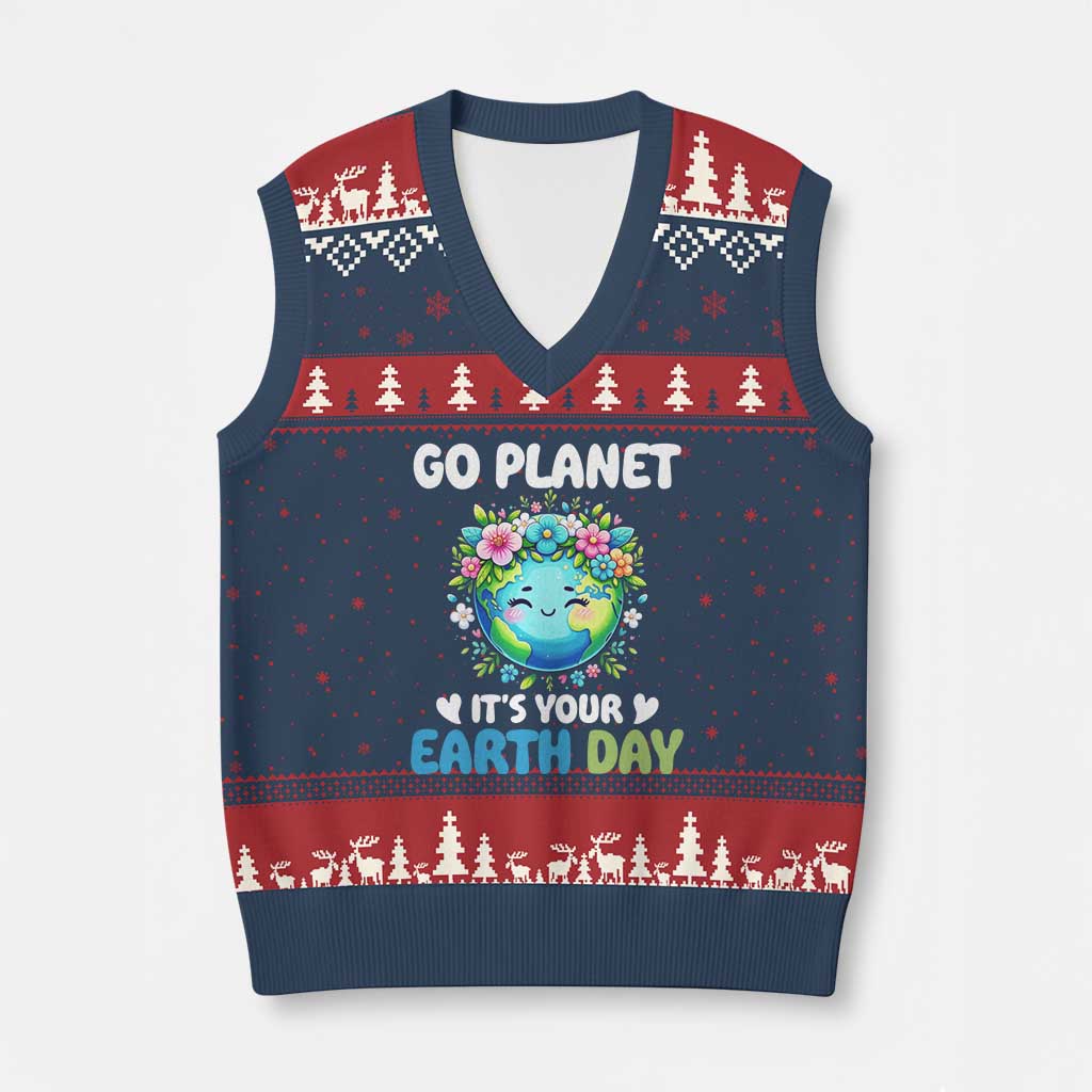 Go Planet It's Your Earth Day V-Neck Knit Sweater Vest Funny Sarcastic Nature Lover TS14 Navy Red Print Your Wear