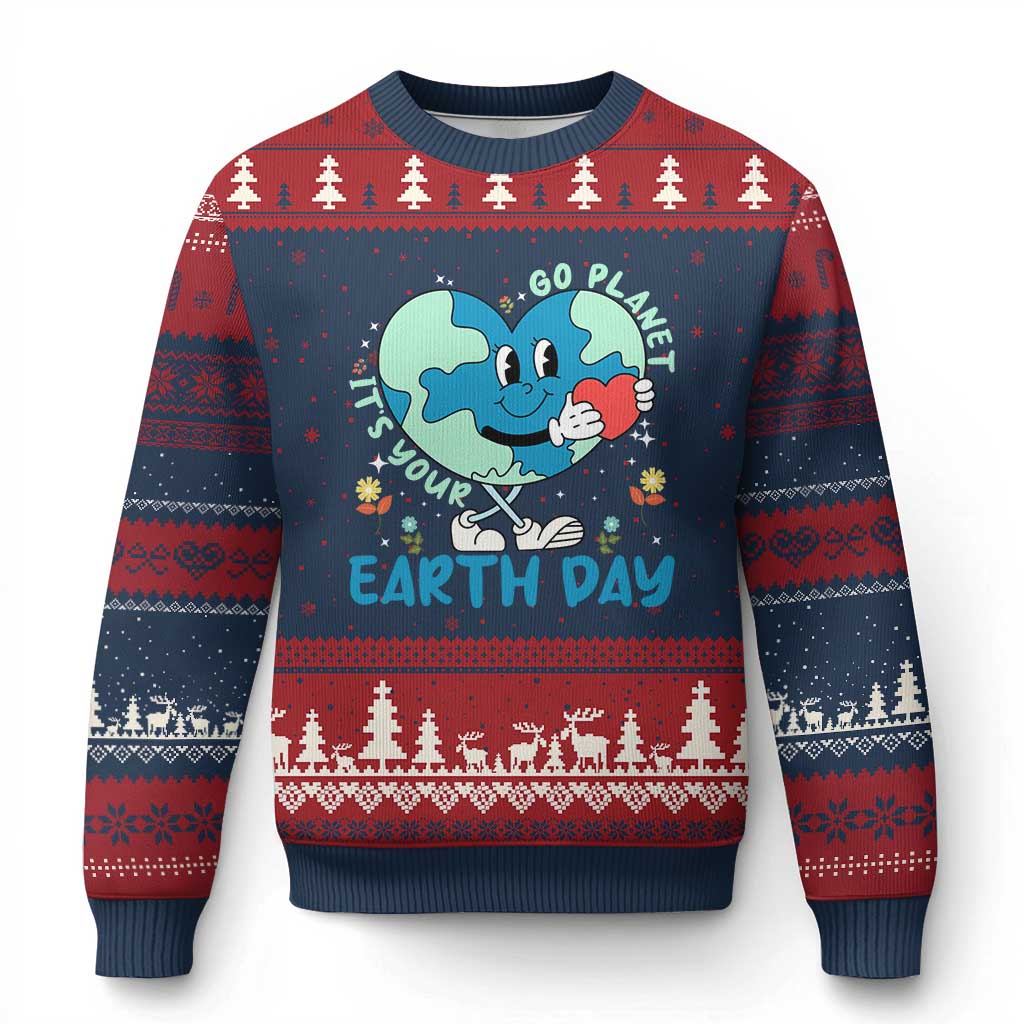 Go Planet It's Your Earth Day Ugly Christmas Sweater Cute Nature Lover Heart Earth TS14 Navy Red Print Your Wear