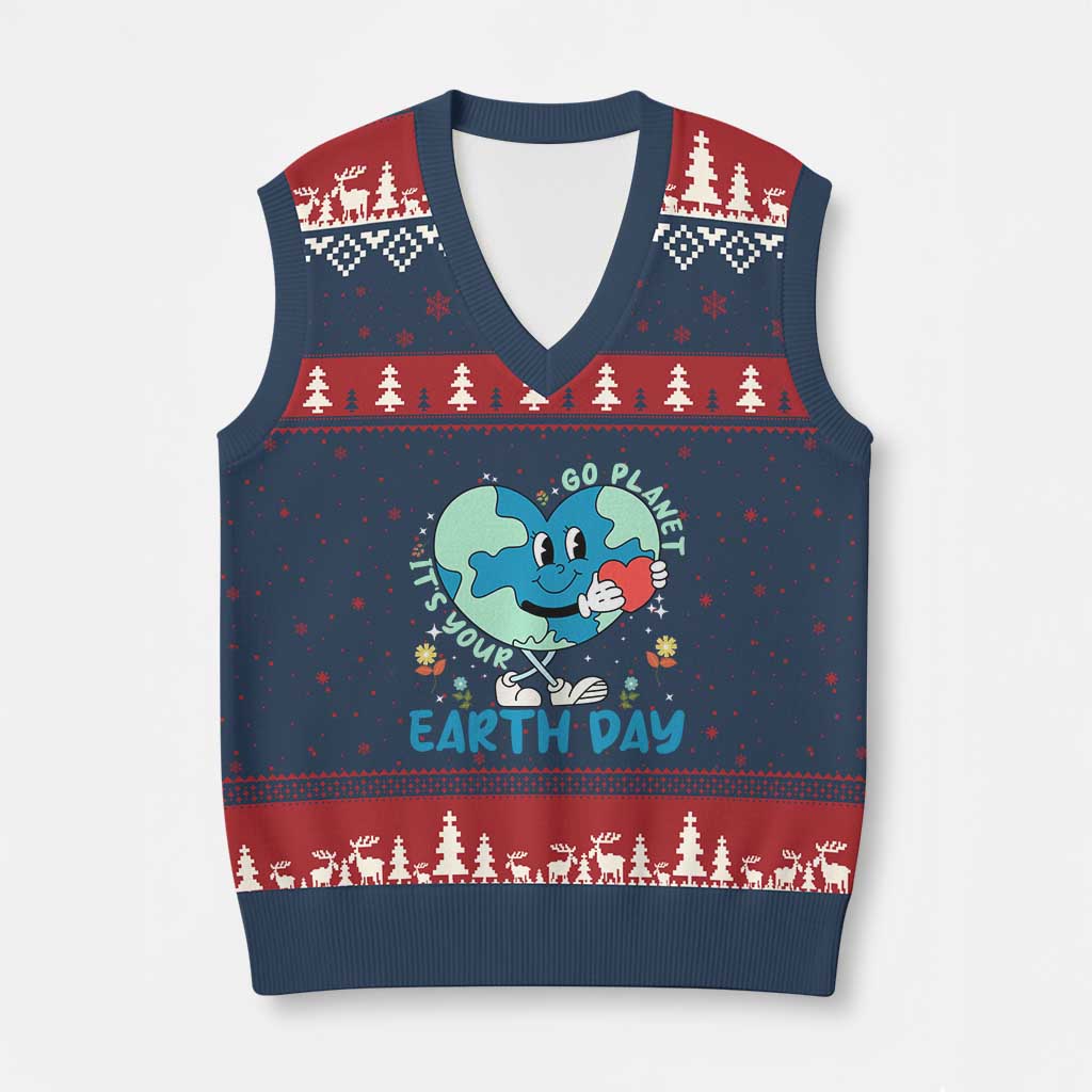 Go Planet It's Your Earth Day V-Neck Knit Sweater Vest Cute Nature Lover Heart Earth TS14 Navy Red Print Your Wear