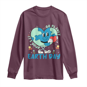 Go Planet It's Your Earth Day Long Sleeve Shirt Cute Nature Lover Heart Earth TS14 Maroon Print Your Wear