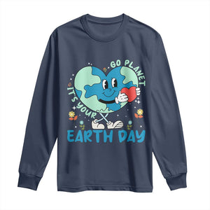 Go Planet It's Your Earth Day Long Sleeve Shirt Cute Nature Lover Heart Earth TS14 Navy Print Your Wear