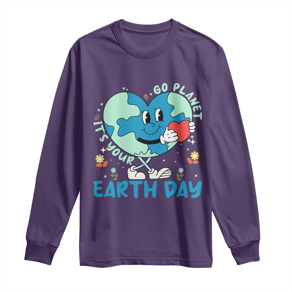 Go Planet It's Your Earth Day Long Sleeve Shirt Cute Nature Lover Heart Earth TS14 Purple Print Your Wear