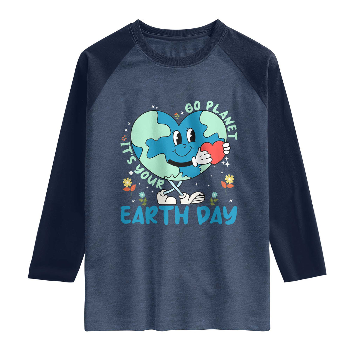 Go Planet It's Your Earth Day Raglan Shirt Cute Nature Lover Heart Earth TS14 Heather Denim Navy Print Your Wear