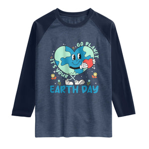 Go Planet It's Your Earth Day Raglan Shirt Cute Nature Lover Heart Earth TS14 Heather Denim Navy Print Your Wear