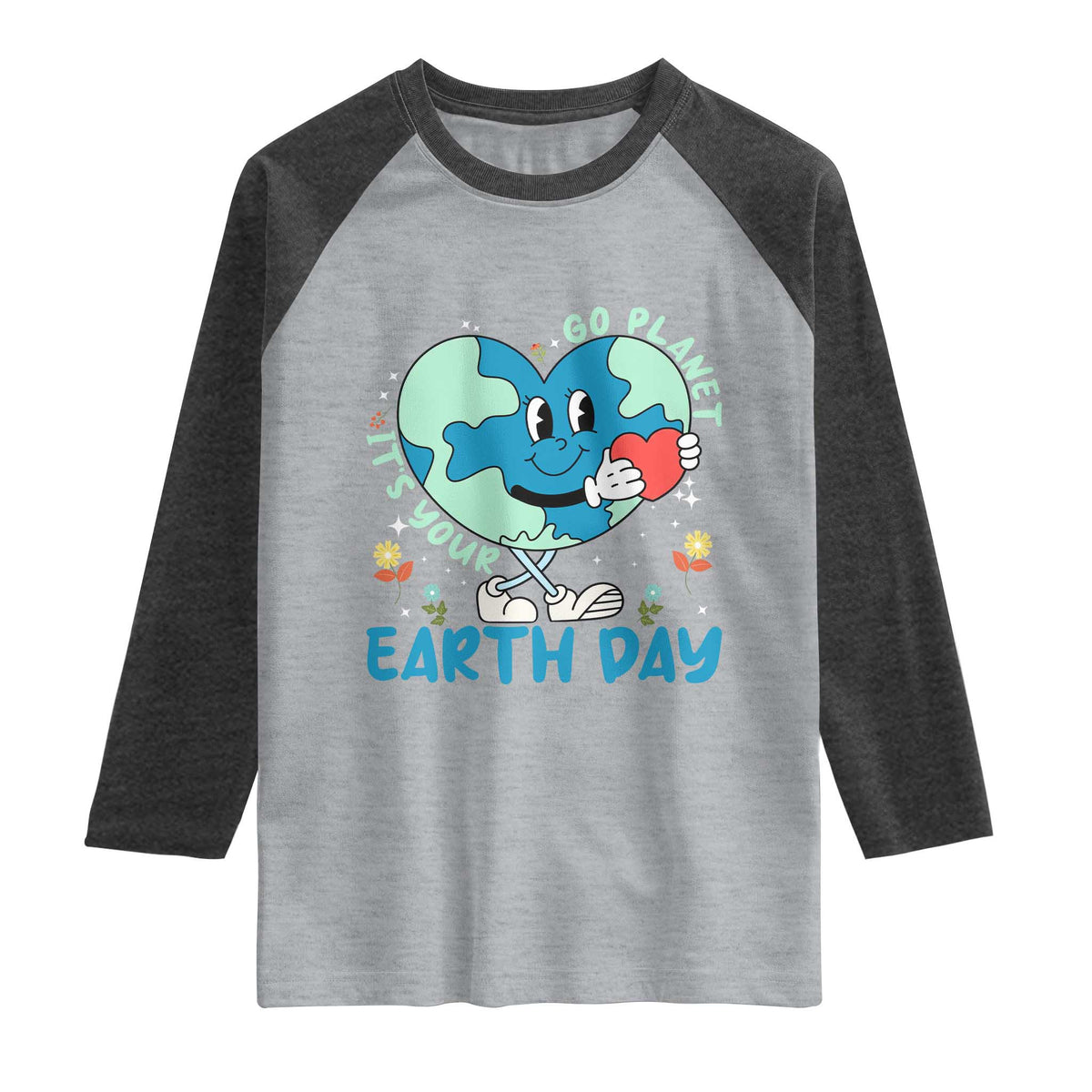 Go Planet It's Your Earth Day Raglan Shirt Cute Nature Lover Heart Earth TS14 Heather Gray Heather Charcoal Print Your Wear