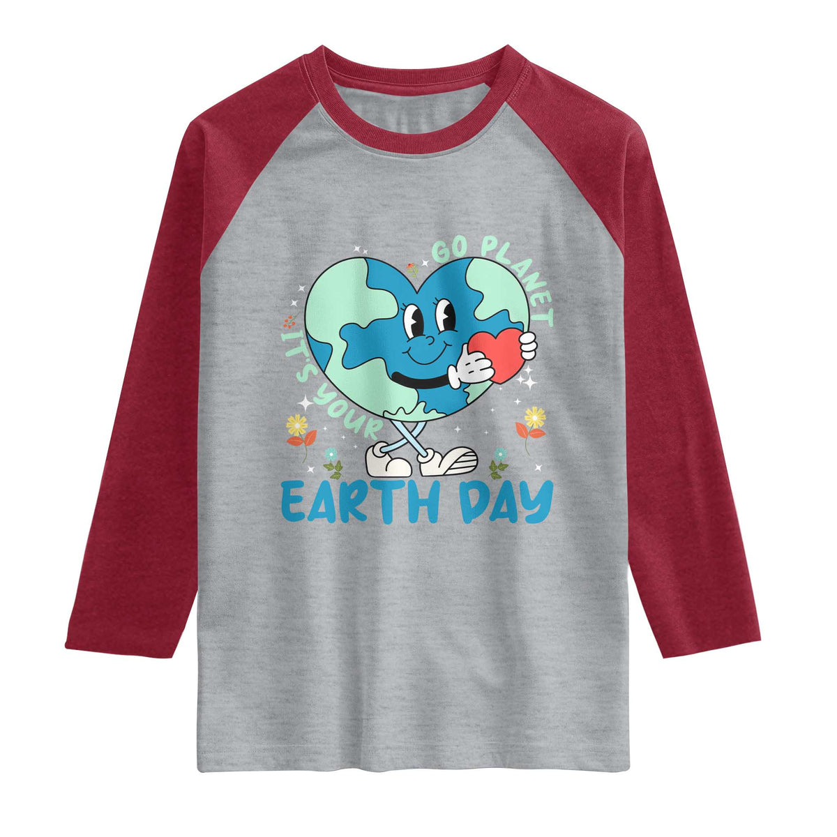 Go Planet It's Your Earth Day Raglan Shirt Cute Nature Lover Heart Earth TS14 Heather Gray Heather Red Print Your Wear