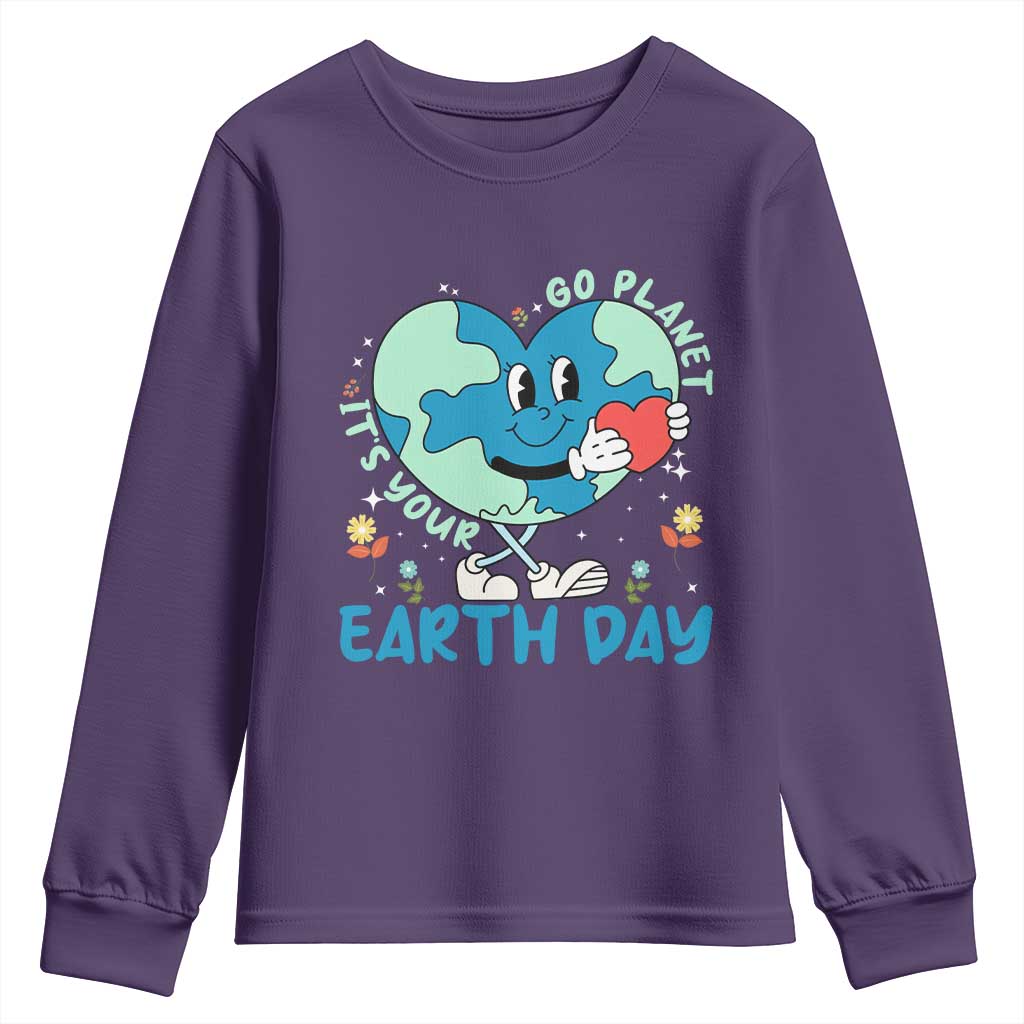Go Planet It's Your Earth Day Youth Sweatshirt Cute Nature Lover Heart Earth TS14 Purple Print Your Wear