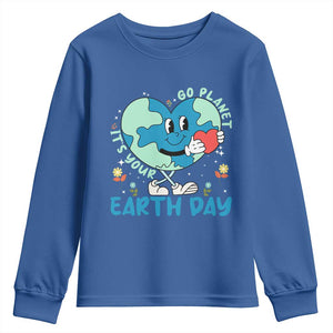 Go Planet It's Your Earth Day Youth Sweatshirt Cute Nature Lover Heart Earth TS14 Royal Blue Print Your Wear