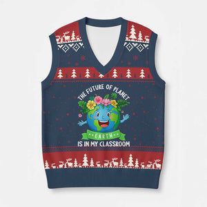 The Future Of Planet Is In My Classroom V-Neck Knit Sweater Vest Cute Earth with Floral Earth Day TS14 Navy Red Print Your Wear