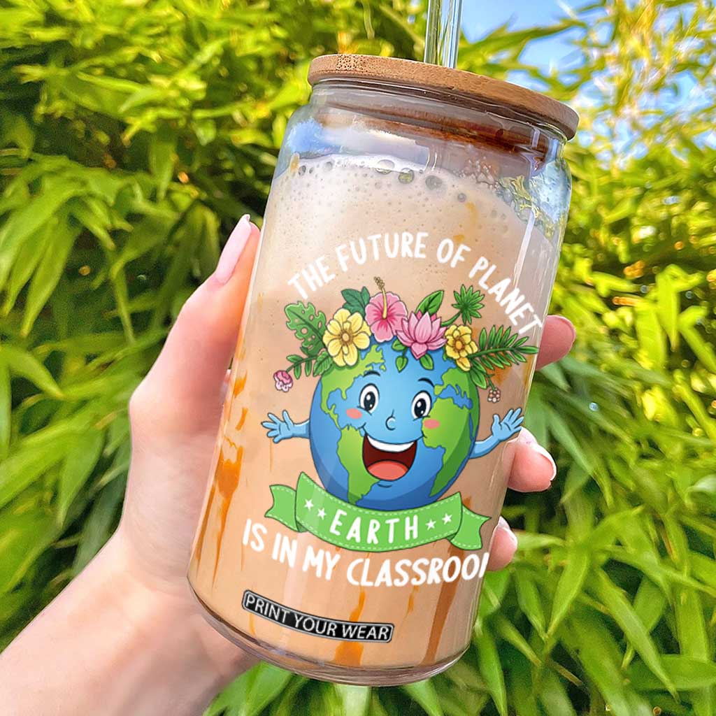 The Future Of Planet Is In My Classroom Glass Can Cute Earth with Floral Earth Day TS14 Black Print Your Wear