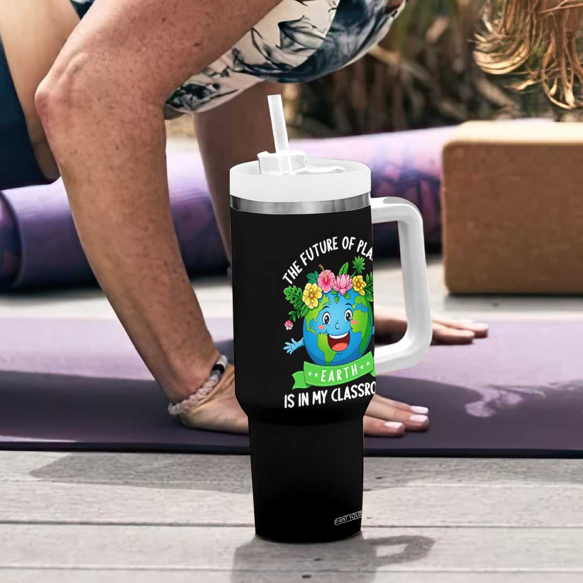 The Future Of Planet Is In My Classroom Tumbler With Handle Cute Earth with Floral Earth Day TS14 Print Your Wear
