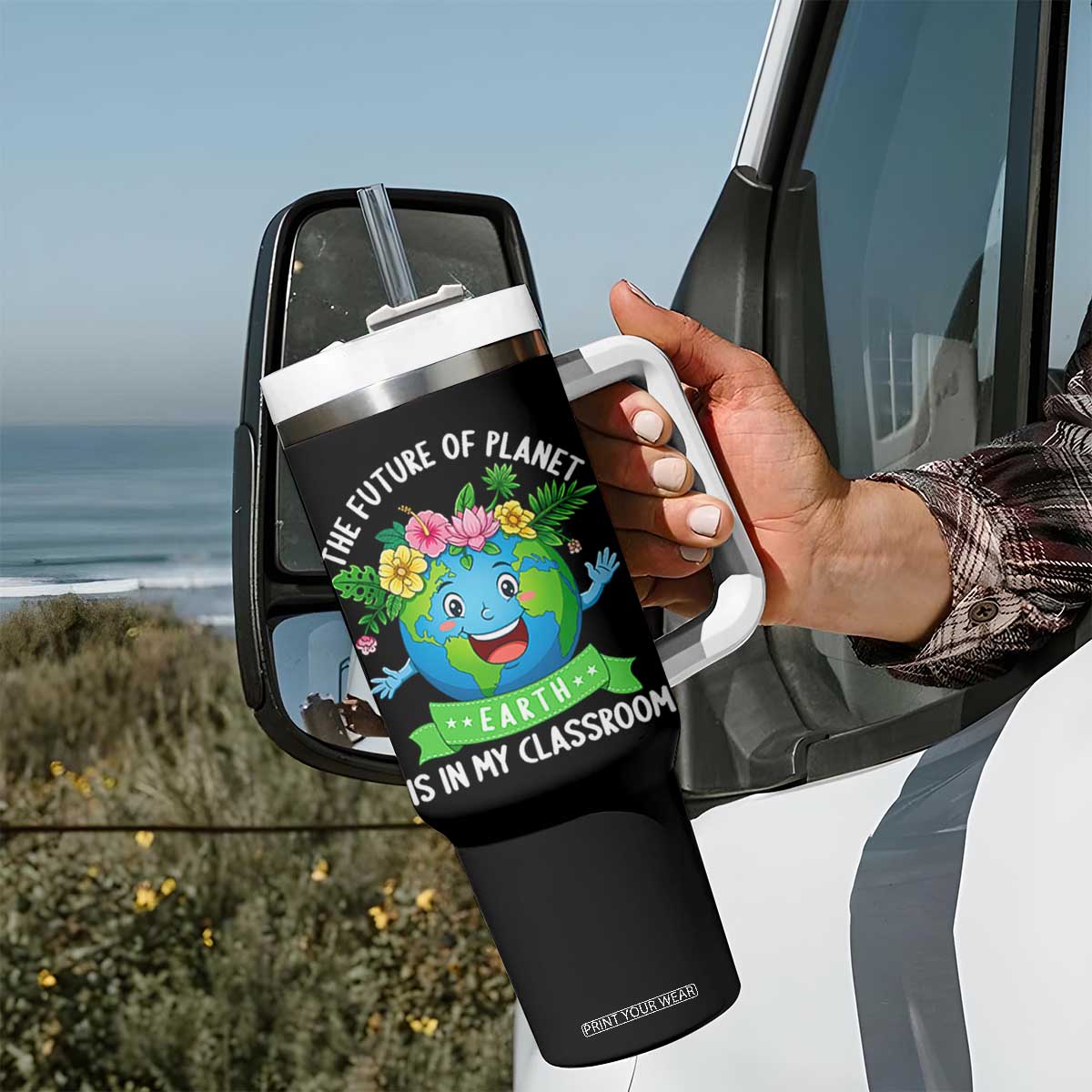 The Future Of Planet Is In My Classroom Tumbler With Handle Cute Earth with Floral Earth Day TS14 Print Your Wear